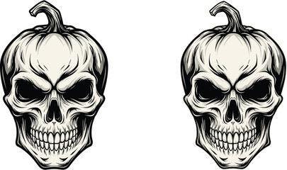 Pumpkin skull illustration, Halloween fusion art, spooky seasonal design, bold black and white contrast, creepy tattoo concept, horror vector icon