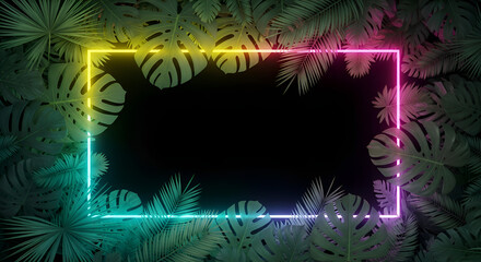 Ai genertated colourfull jungle exotic mockup template frame with neon lights and jungle leaves