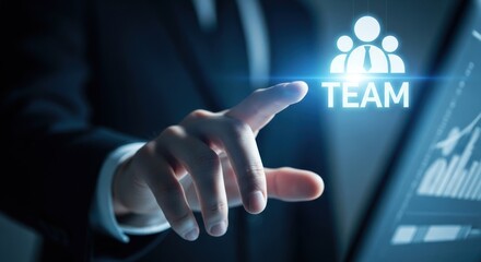 Professional businessman touching high-tech virtual interface with glowing "team" icon, for collaboration, unified workforce development, digital human resources management, corporate