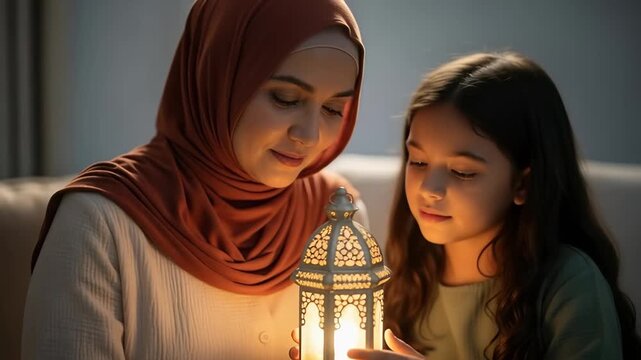 Muslim woman and child hold lamp. Happy family prepare for celebration. Ramadan Kareem, Eid al fitr, islamic holiday.