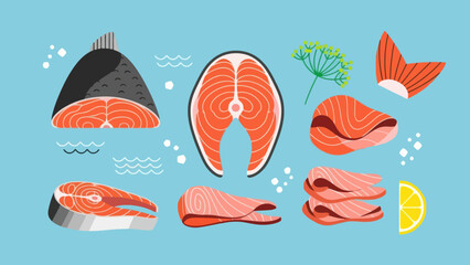 Assorted Salmon Cuts and Garnishes with Lemon and Herbs Illustration