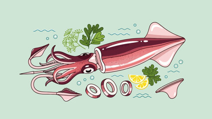 Illustration of Freshly Prepared Squid with Lemon and Herbs on Light Background