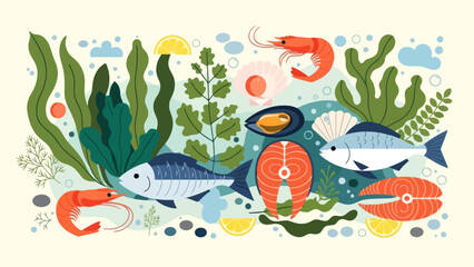 Colorful underwater scene featuring various fish and marine life in vibrant