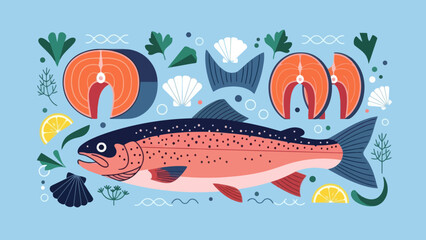 Colorful Illustration of a Fresh Salmon Fish with Underwater Elements