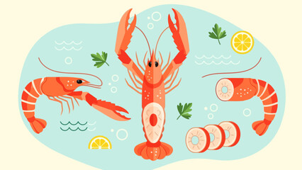 Delightful illustration of fresh seafood featuring lobster and shrimp with
