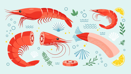 Colorful Illustrative Seafood Scene Featuring Crayfish Shrimp and Lemon Slices