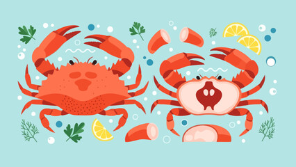 Colorful Cartoon Crabs with Lemon and Herb Elements for Seafood Illustration
