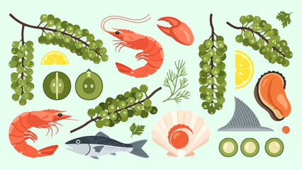 Fresh seafood and green produce including shrimp shellfish and herbs for