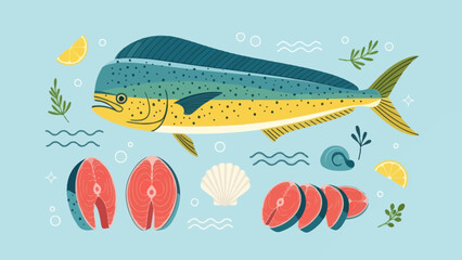 Stylized illustration of a vibrant and colorful oceanic fish broken down into