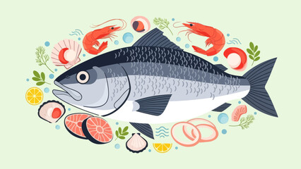 Colorful aquatic ecosystem featuring fish, seafood, and ocean elements