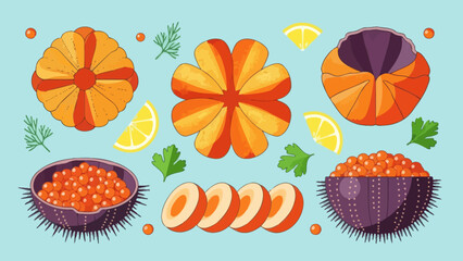 Colorful Illustration of Sushi and Seafood Ingredients with Lemon and Herbs