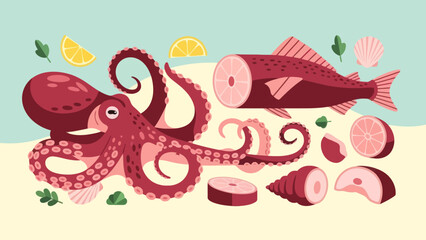 Colorful illustration of seafood including octopus and fish with lemon slices
