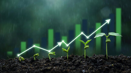 Seedlings Growing in Soil with Financial Growth Chart and Rain plants earth