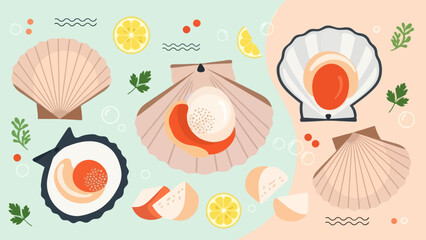 Whimsical Illustration of Shells and Fresh Citrus with Seafood Elements for a