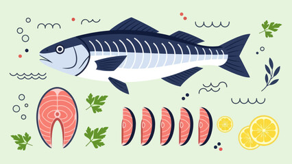 Stylized illustration of fish and seafood with lemon slices and foliage under