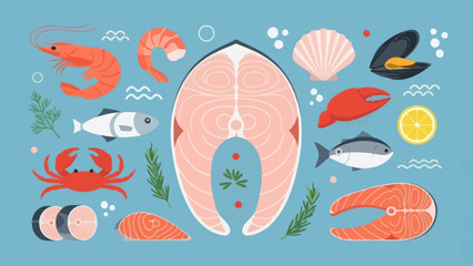 Diverse seafood selection including fish shellfish and crustaceans arranged
