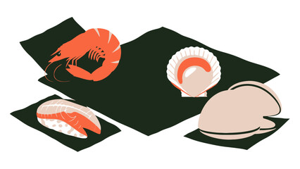 Minimalist Illustration of Sushi and Seafood on Black Textured Surface