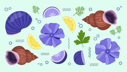 Vibrant underwater scene with seashells, citrus slices, and aquatic flora