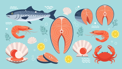 Fresh seafood platter featuring salmon, shrimp, crab, scallops, and fish