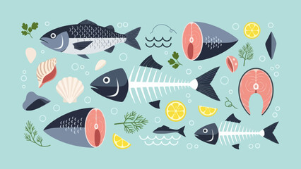 Colorful Illustration of Fresh Fish and Seafood Ingredients for Cooking