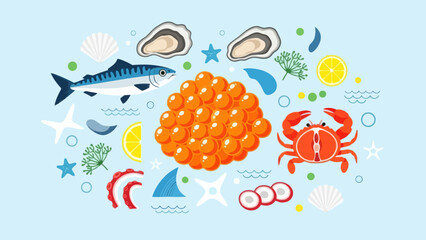 Vibrant Illustration of Marine Life Featuring Fish Clam Crab and Sea Shells