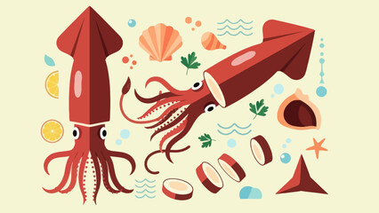 Cartoon Squid with Directional Arrows and Sea Elements for Creative Design