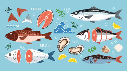 Colorful Illustration of Fresh Fish Shellfish and Sea Elements