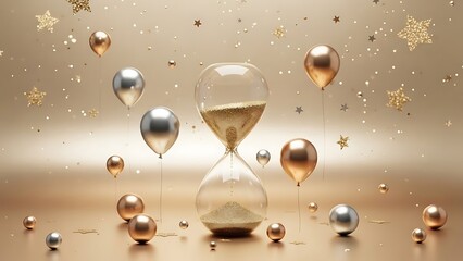 Elegant New Year's Eve Countdown with Luxurious Gold and Silver Decorations, Featuring an Hourglass Symbolizing Time's Passage and Festive Celebrations