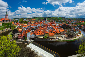 Aerial view of old town of Cesky Krumlov and Vltava river, Czech Republic. Skyline of Cesky Krumlov.