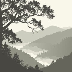 Serene misty mountain valley landscape with silhouetted pine trees and a large ancient tree branch framing the view in a monochromatic palette © Mamun