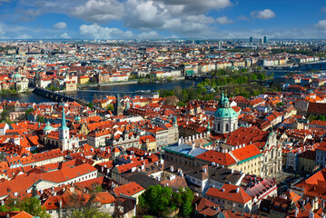 Skyline of Prague with Charles bridge, Vltava river, Lesser Town (Mala Strana), Czech Republic. Cityscape of Prague.