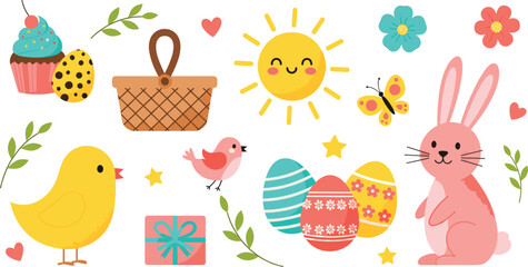 Cute Easter Icon Set with Bunny Eggs Chick Flowers Basket and Spring Elements in Colorful Cartoon Vector Illustration