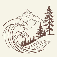 A stylized line art illustration depicts a large powerful ocean wave crashing in the foreground with a serene mountain range and pine trees in the background