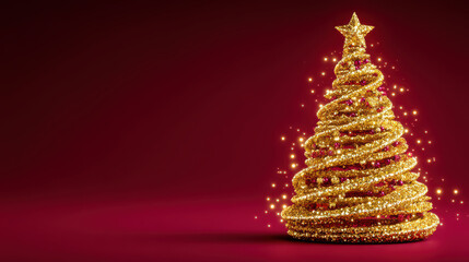 Golden spiral Christmas tree sparkling red background with star topper and glowing lights, festive holiday decoration shining