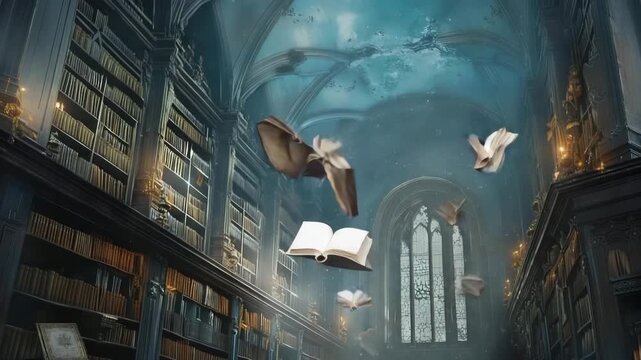 Mystical library filled with flying books creating an atmosphere of mystery