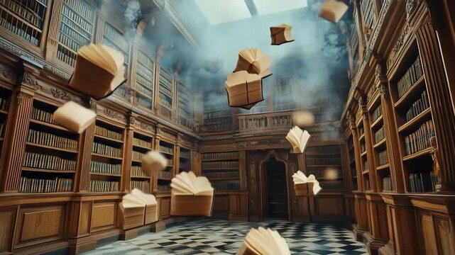 Mystical library filled with flying books creating an atmosphere of mystery
