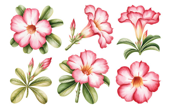 Desert rose watercolor blossoms with hand-painted botanical. Adenium floral watercolor set soft pink petals and natural leaves.