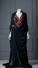 Naklejka premium A black elegant draped gown featuring intricate colorful embroidery on a mannequin in a studio setting.