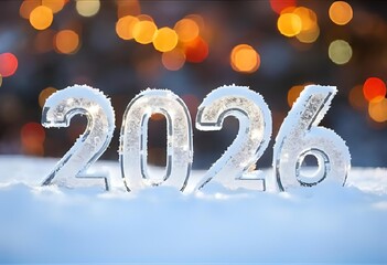 Icy 2026 New Year Numbers on Snow with Festive Lights