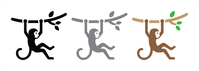 Playful Monkey Hanging on Tree Branch Icon Set in Multiple Color Styles © febrian