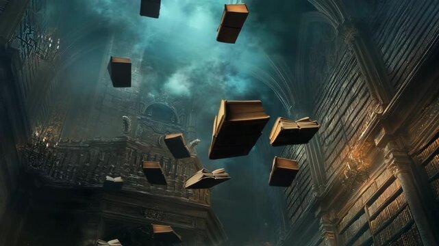Mystical library filled with flying books creating an atmosphere of mystery
