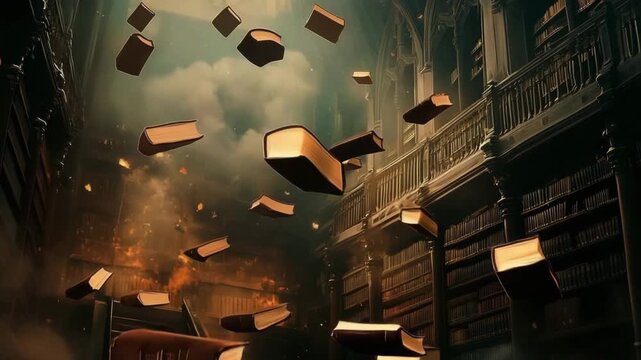 Mystical library filled with flying books creating an atmosphere of mystery