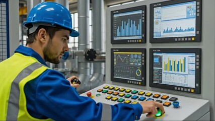 Male Technician Operating Modern Industrial Control Panel with Real-time Data Displays in a Factory Setting - Powered by Adobe