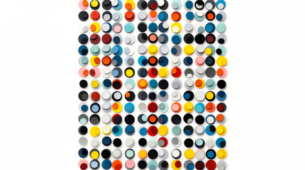 Abstract minimalist composition of contrast multicolored mosaic circles layered in a rhythmic pattern, arranged in even rows on a clean white background.