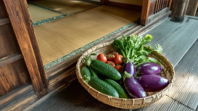 朝採れ野菜と竹かごが並ぶ、夏の縁側