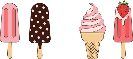 Cute Ice Cream and Popsicle Collection with Strawberry Chocolate and Vanilla Desserts in Flat Cartoon Vector Illustration