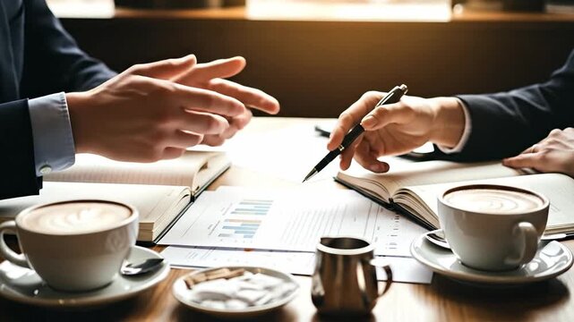 Hands engaged in discussion over coffee and business documents.