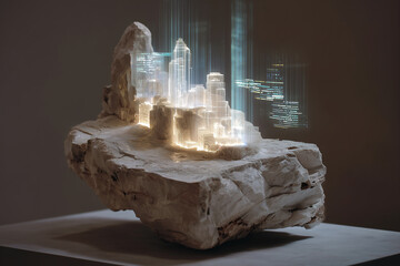 A silent post-human data shrine carved from stone with floating holographic memory glyphs. Old stone with high technologic data, holographic technology.