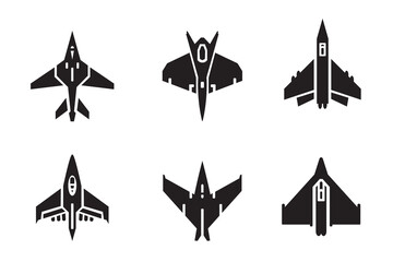 Military fighter jet silhouette set. Top view combat aircraft icons. Supersonic air force warplane symbols.