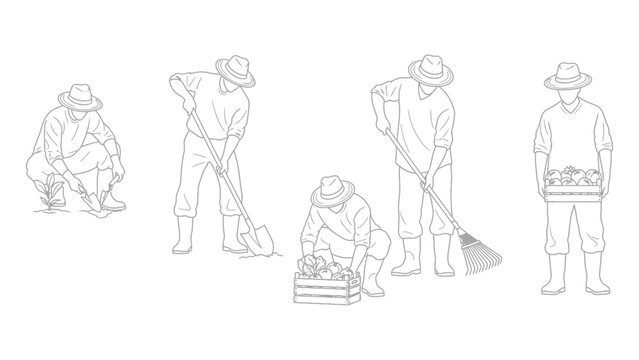 Set of hand-drawn outline illustrations featuring people gardening, farming, weeding, and raking in black and white vector graphic
